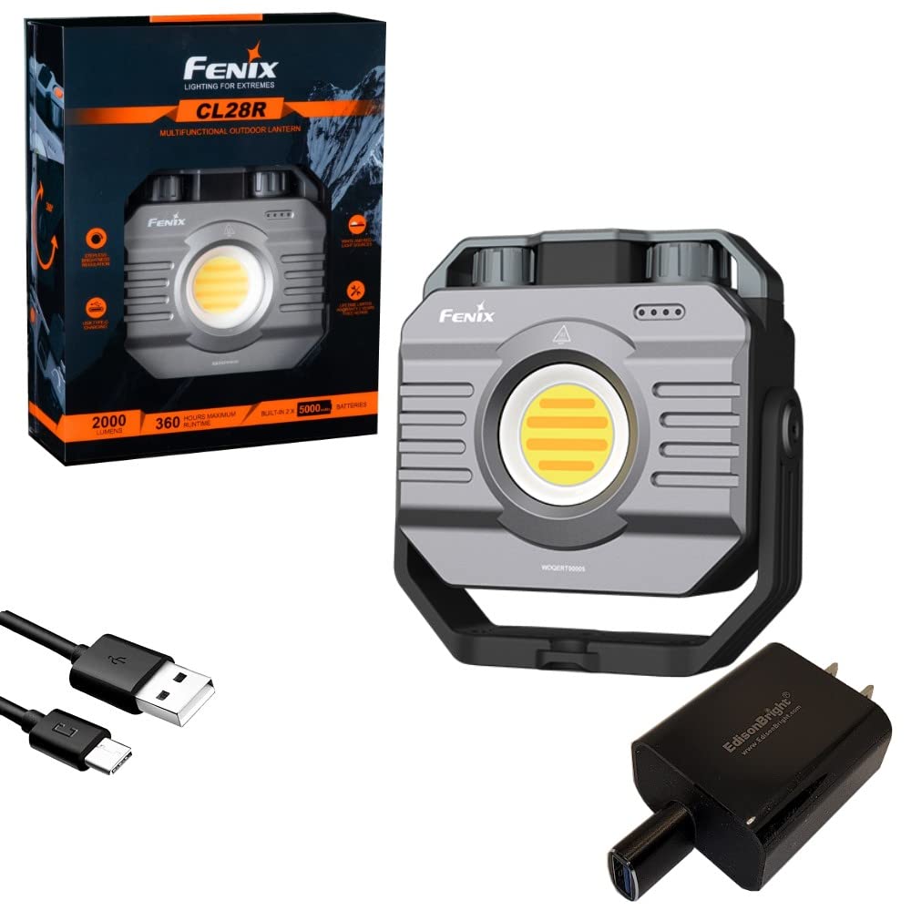 Fenix CL28R 2000 Lumen Rechargeable Work Light(Worksite Light) Warm White/Cool White/red Photo/Video Light with EdisonBright USB Charging Adapter Bundle