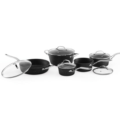 Starfrit The Rock 10PC Non-Stick Cookware Set - Durable Forged Aluminum - Oven Safe - PFOA Free - Easy to Clean - Black