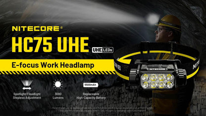 Nitecore HC75 UHE HEADLAMP HC75 UHE Rechargeable E-Focus Spotlight Floodlight Headlamp 192m Beam -3000 Lumens (Upgrade of HC68) w/Battery and Eco Sensa USB-C Charging Cable