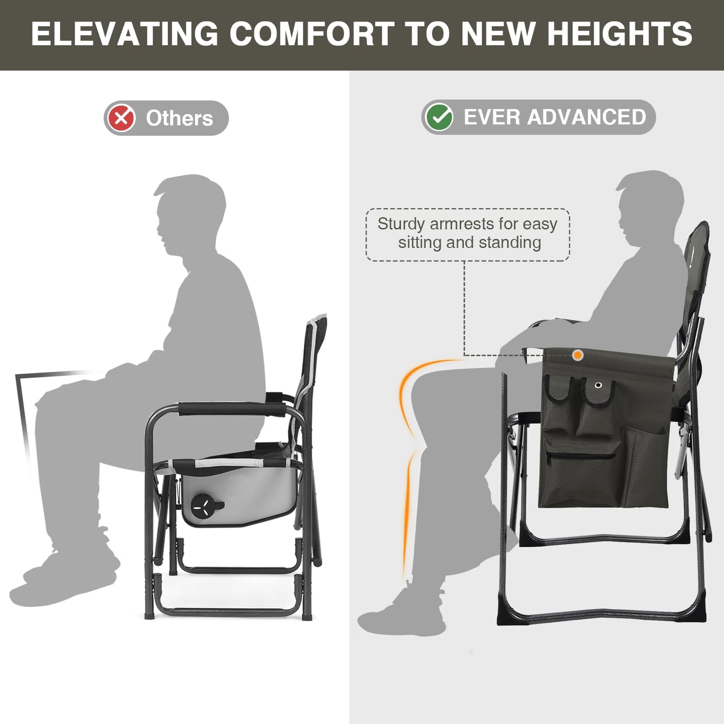 EVER ADVANCED Aluminum Lightweight Folding Director Chair, 350lbs Heavy Duty Camping Chair with Side Table & Storage, 19" Joint-Friendly Height Easy to Stand, Portable Makeup Artist & Vendor Chair