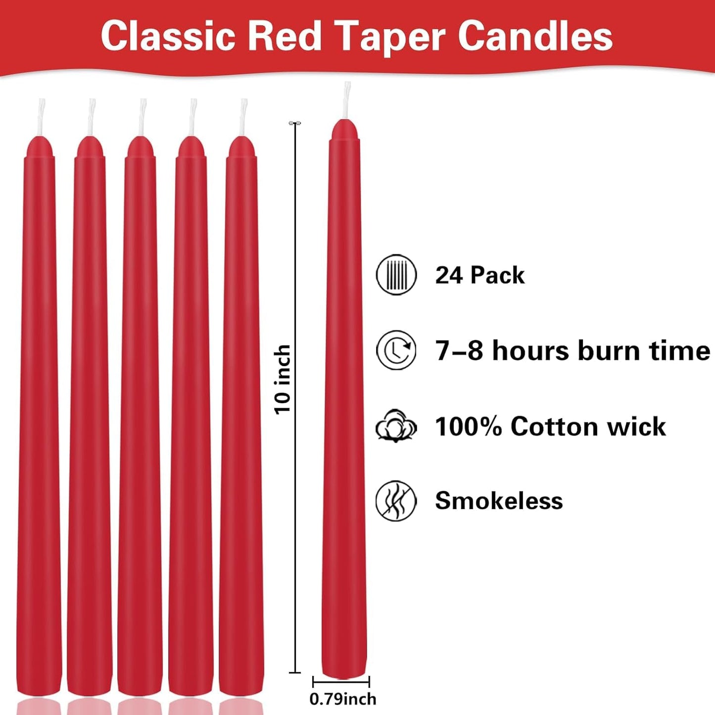 YOROXRG 24 Pack Red Taper Candles, 7-8 Hours Burn Time, Unscented, Smokeless and Dripless, 0.75 x 10 Inch Dinner Candle Set for Christmas,Household, Wedding, Party and Home Décor Candlesticks