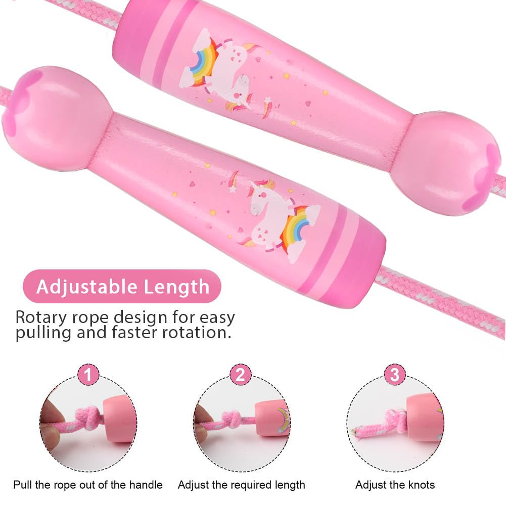 Jump Rope for Kids, Adjustable Toddler Jump Rope with Wooden Handle and Cotton Rope, Cute Skipping Rope for Boys and Girls Fitness Workout Exercise 8.5 Ft(Pink)