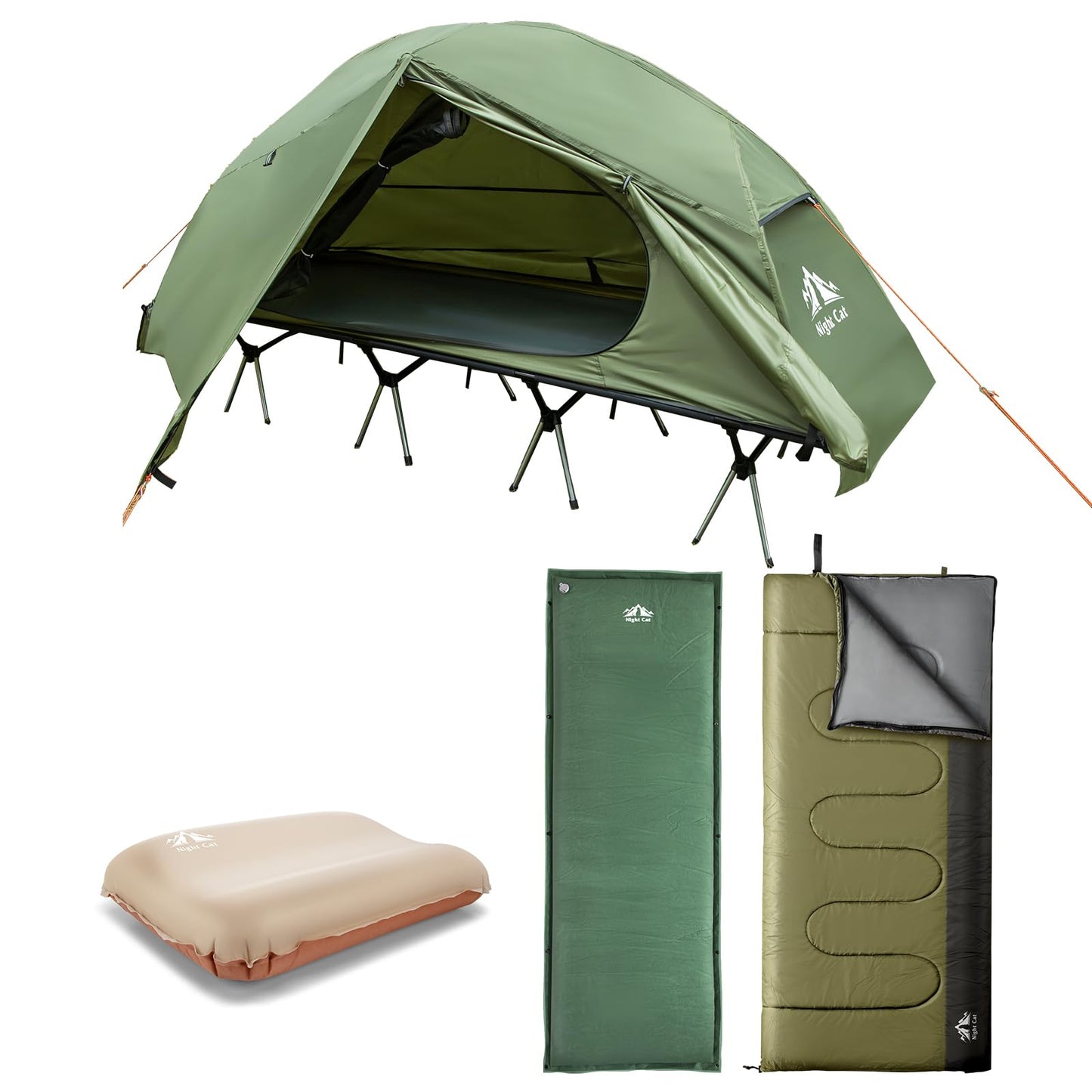 Night Cat Camping Cot Tent with Self-Inflating Sleeping Pad and Self-Inflatable Camping Pillow Camping Sleeping Bag Waterproof 1-Person Off-Ground Combo Cot Bed for Adults Portable Easy Set-up Tent