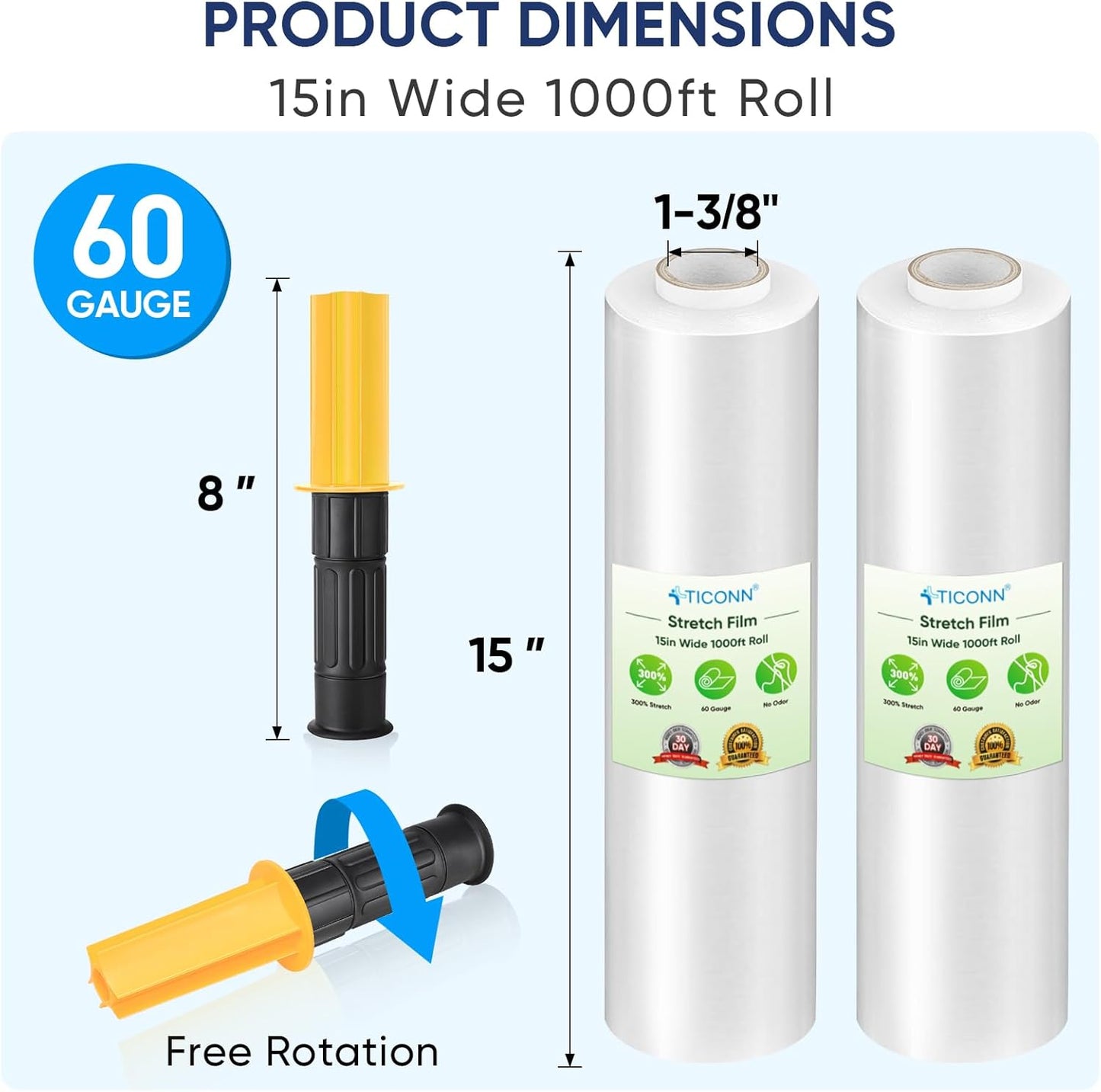 TICONN Stretch Wrap Film Roll - 1000ft Industrial Strength 15" Wide Clear Plastic Wrap with Handles for Shipping & Moving