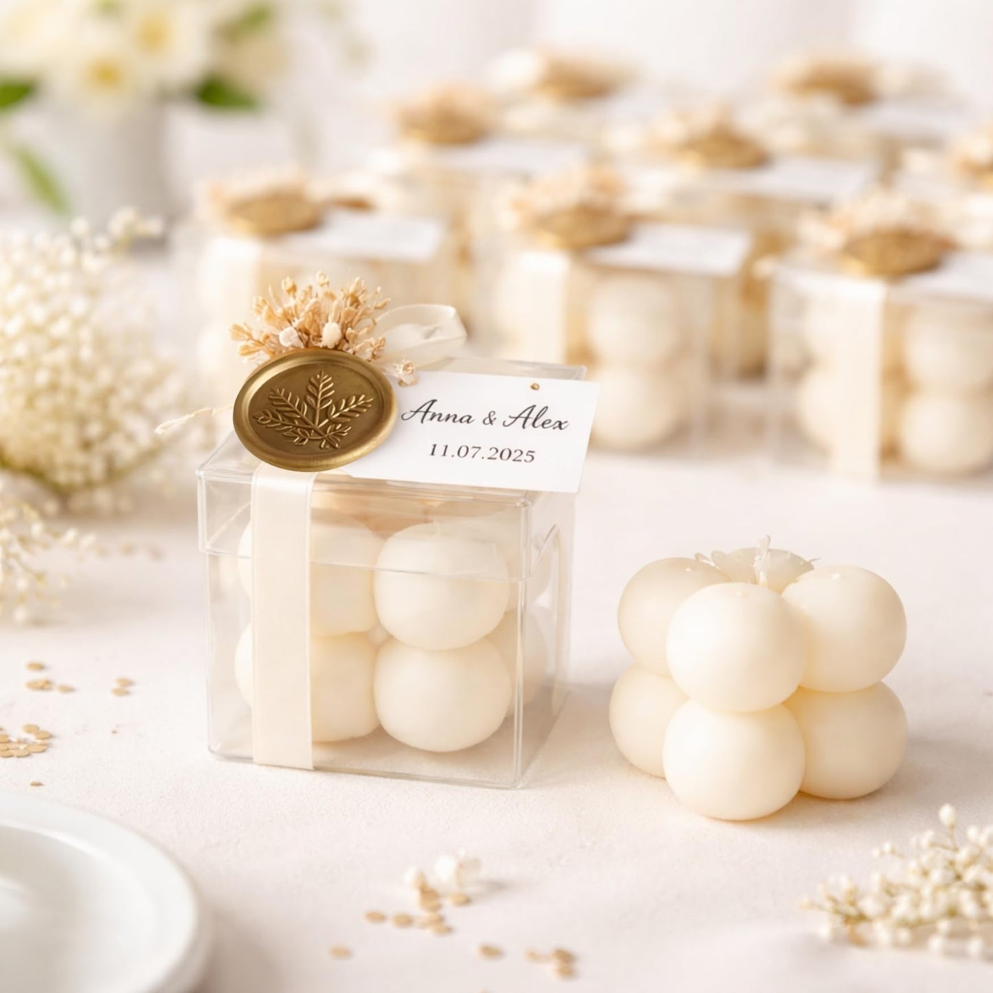 Personalized Bubble Candle Favors with Dried Flowers & Wax Seal – Soy Wax Wedding & Bridal, Baby Shower Bulk Event Gifts (10–200 pcs)