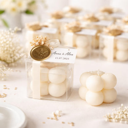 Personalized Bubble Candle Favors with Dried Flowers & Wax Seal – Soy Wax Wedding & Bridal, Baby Shower Bulk Event Gifts (10–200 pcs)