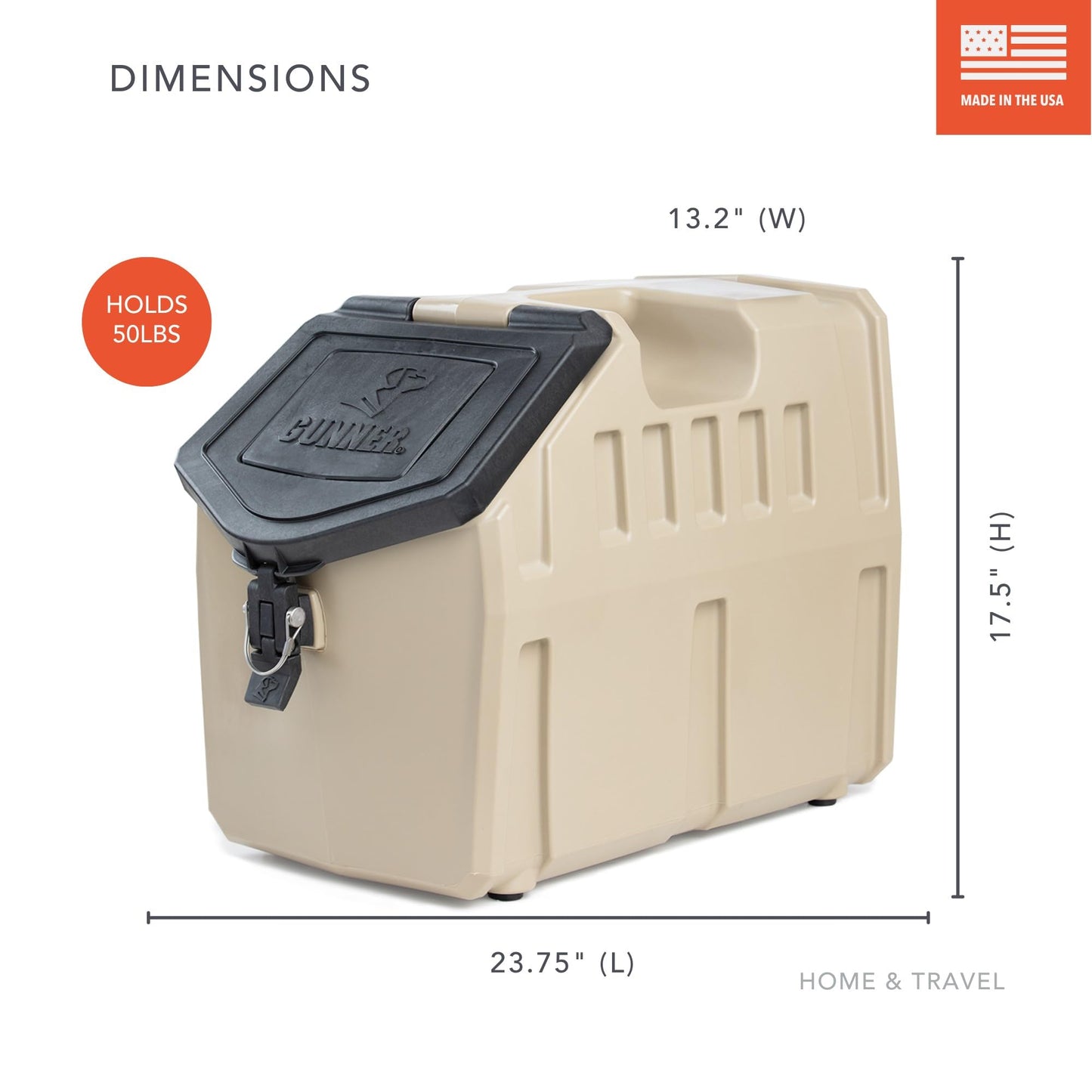 GUNNER 50 lbs Tan Dog Food Storage Container with Measuring Scoop – Waterproof & Airtight Pet Food Bin for Dry Food, Corn, Chicken Feed, Bird Seed & Treats – 3 Cup Ergonomic Scooper with Markers