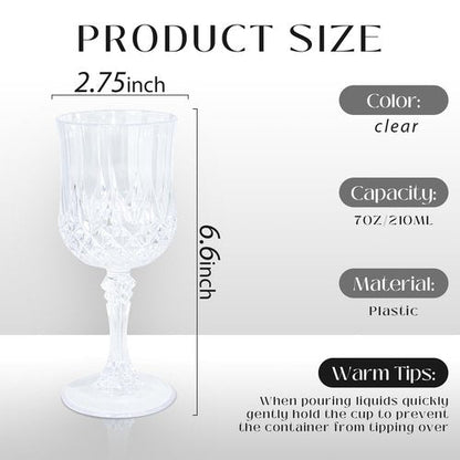 CHLJAR 7oz Plastic Vintage Drinking Glasses Wine Glasses Vintage Champagne Flutes Unbreakable Wedding Glassware Crystal Water Goblets Reusable Drinkware (Clear, 12 PCS)
