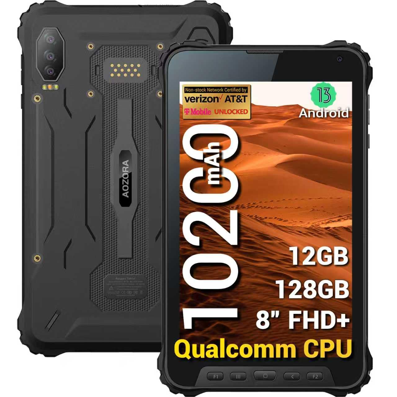 AOZORA K8 Active Rugged Tablet, 8 Inch FHD+ 600nits Glove Touch AT&T Verizon Network certified PTCRB T-Mobile Unlocked Qualcomm 8Core 12+128GB 20MP night vision+25MP Camera 10200mAh IP68&IP69K/NFC/GPS