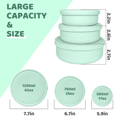 DGitaor Silicone Food Storage Containers Bowl, Set of 3 Reusable Silicone Bento Lunch Box Containers with Lids (17oz, 25oz, 42oz) Dishwasher, Microwave and Freezer Safe Mint Green