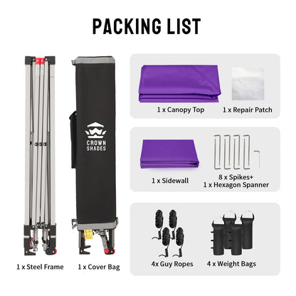 CROWN SHADES 10x10 Pop Up Canopy with 1 Side Wall - Beach Tent with One Push Setup - Outdoor Sun Shade for Events, Parties, Camping - Gazebo with STO-N-Go Cover Bag (Purple)