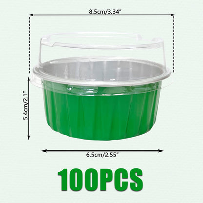 100Pcs Aluminum Cups with Lids,5oz Disposable Ramekin Baking Cups Muffin Liners Mini Pie Pans Foil Cupcake Containers for Christmas Party Wedding Party,Green