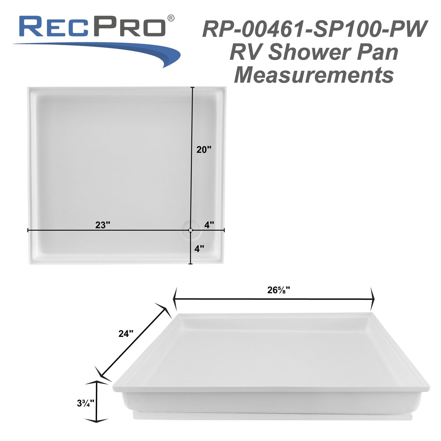 RecPro RV White Shower Pan | Camper Shower Pan (Corner Drain, 27" x 24")