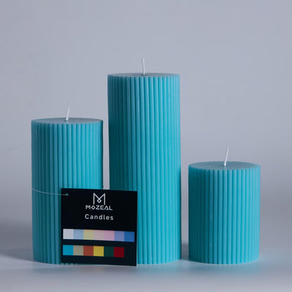 MOZEAL Hand-Poured Classic Ribbed Soy Pillar Candles Set of 3 - Decorative Turquoise Unscented Dripless Smokeless (3"x4",6",8") 300 Hr Burn - Timeless Home Décor