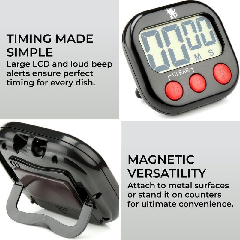 H&S Digital Kitchen Timer - Magnetic Cooking Timer with Large LCD Digits Display & Loud Alarm - Black - Countdown Clock for Kids Classroom - AAA Battery Included - Kitchen Timers for Cooking