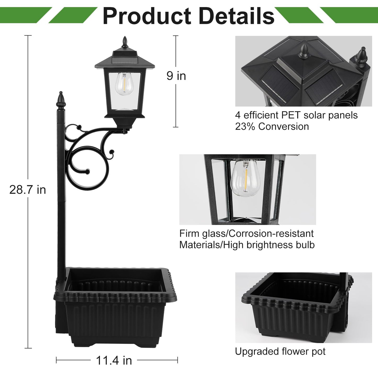 Melunar Solar Post Lamps with Flower Pots, Waterproof, Outdoor Decorative Light for Garden, Patio, Black, Model SLP011