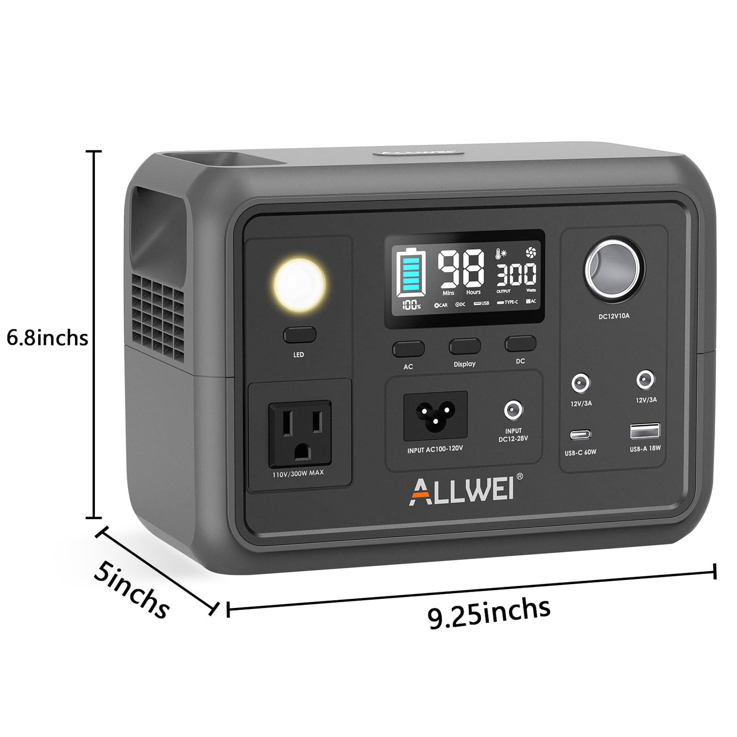 ALLWEI Portable Power Station 300W, 256Wh Solar Generator with 110V Pure Sine Wave AC Outlet,6 Output Ports,Backup LiFePO4 Battery Generator for Camping Outdoor Emergency Home (Solar Panel Optional)