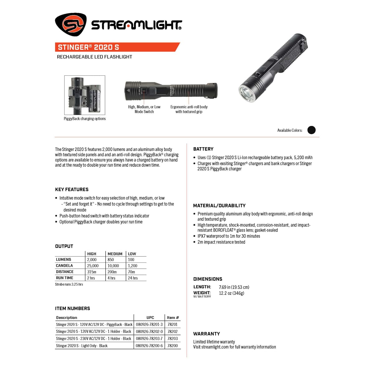 Streamlight Stinger 2020 S 2000 Lumen Rechargeable Flashlight Without Charger - Blue