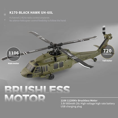 FunXylophy WL K170 RC Helicopter 2.4G 4CH Flybarless 6-Axis Gyroscope Altitude Hovering RC Military Helicopter with Display Stand and Apron Takeoff Landing Pads (RTF Version)