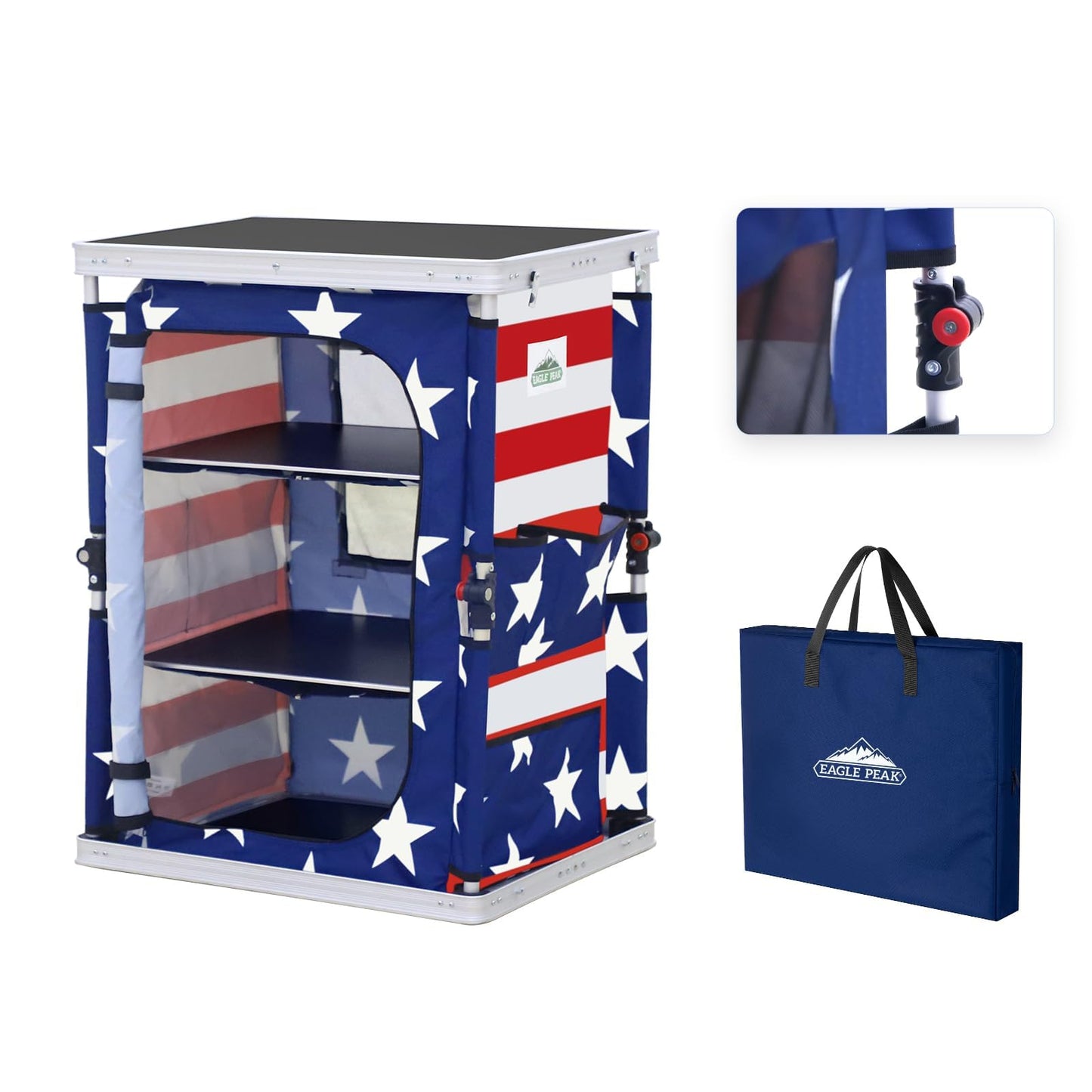 EAGLE PEAK Outdoor Folding Camping Table with Large 3-Tier Storage Organizer and Side Pockets, Easy Set Up Portable Aluminum Camping Kitchen, American Flag
