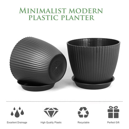 Meowell 7/6.2/5.5/5/4.5/4 inch Flower Pots, 6 Pack Plant Pots for Small Indoor Outdoor Plants, Plastic Planters with Drainage Holes and Saucers for Garden Succulent House Plants, Black