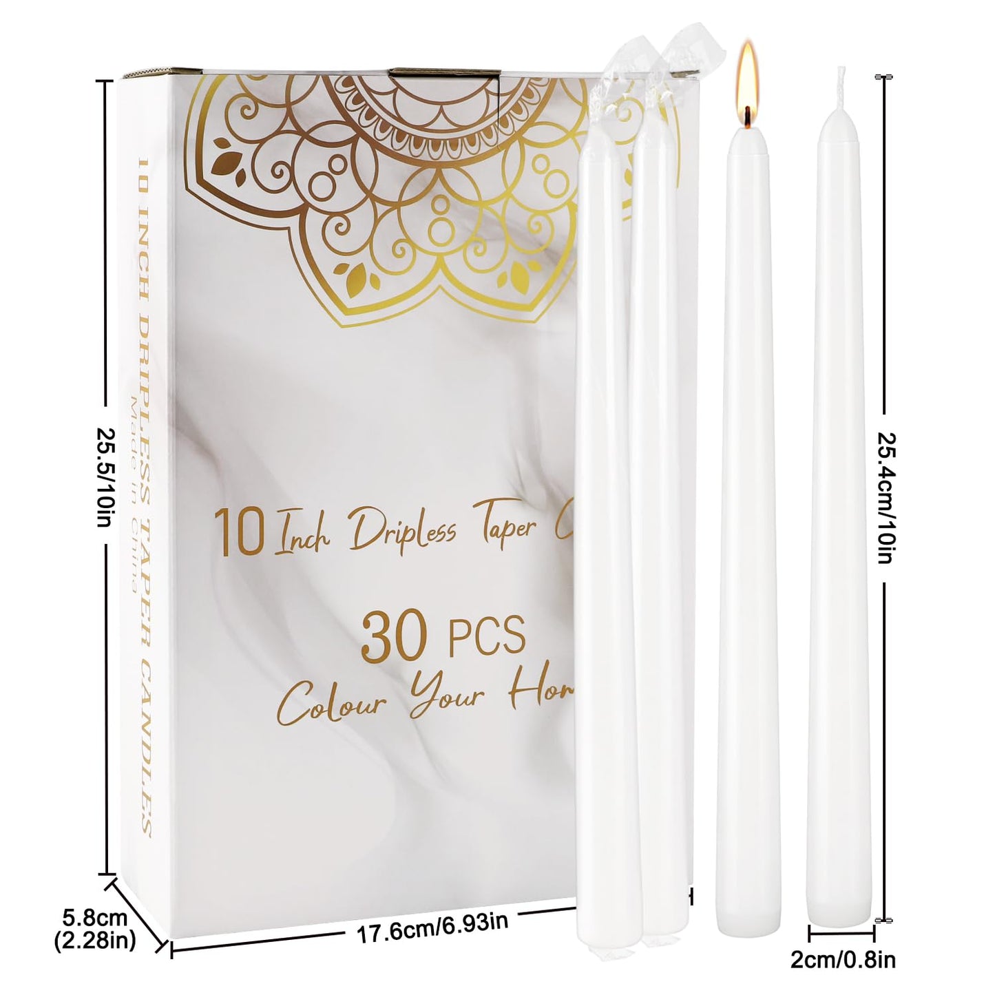 Wfmolcand 30 Pack of 10 Inch White Unscented Taper Candles-8 Hour Long Burning Dripless Table Candles for Wedding, and Home Decoration