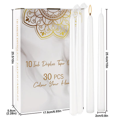 Wfmolcand 30 Pack of 10 Inch White Unscented Taper Candles-8 Hour Long Burning Dripless Table Candles for Wedding, and Home Decoration
