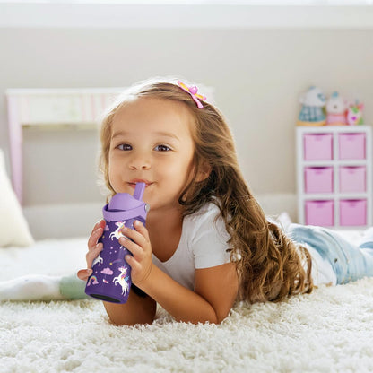 Skiennix Unicorn Kids Water Bottle - 12oz Insulated Stainless Steel Tumbler with Straw Lid | Perfect Gift for Girls