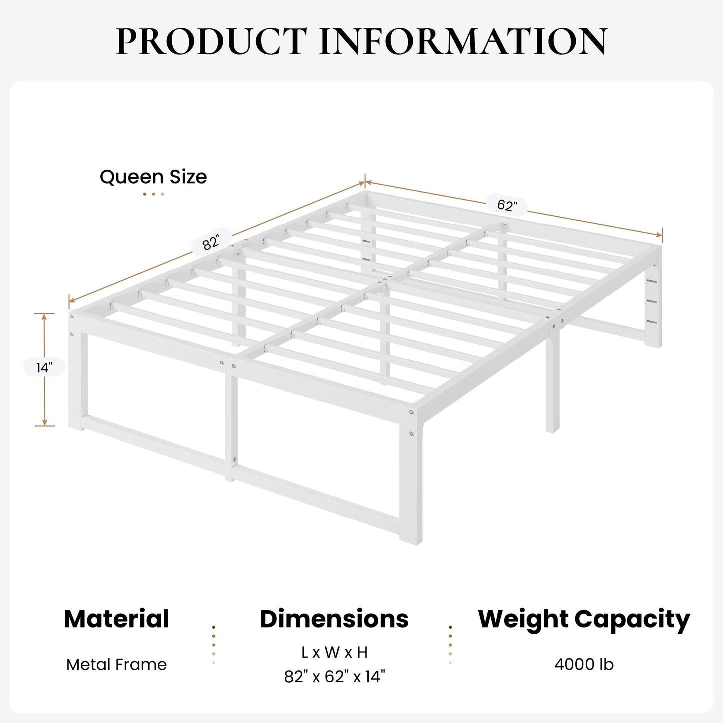 SHA CERLIN 14 Inch Heavy Duty Queen Bed Frame, 4000 lbs Capacity Metal Platform Beds with Reinforced Legs,No Box Spring Required,Easy Assembly,White