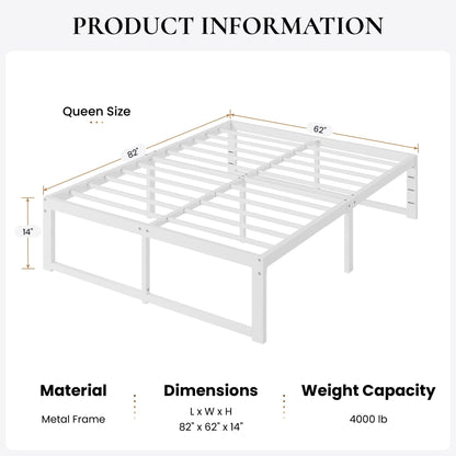 SHA CERLIN 14 Inch Heavy Duty Queen Bed Frame, 4000 lbs Capacity Metal Platform Beds with Reinforced Legs,No Box Spring Required,Easy Assembly,White
