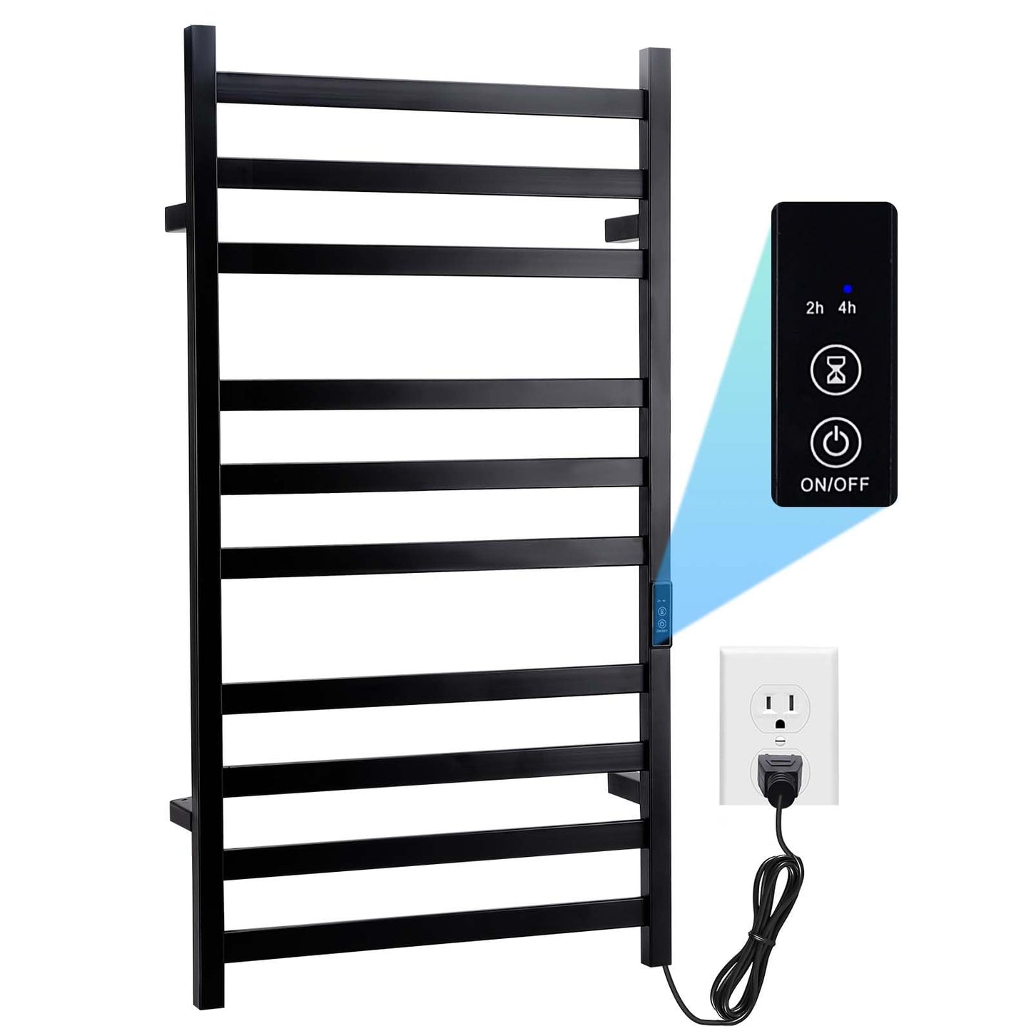 Towel Warmer Heated Towel Bar-Rack - Nopwer Bathroom Wall Mounted Electric Towel Drying Plug-in Matte Black 8 Bars