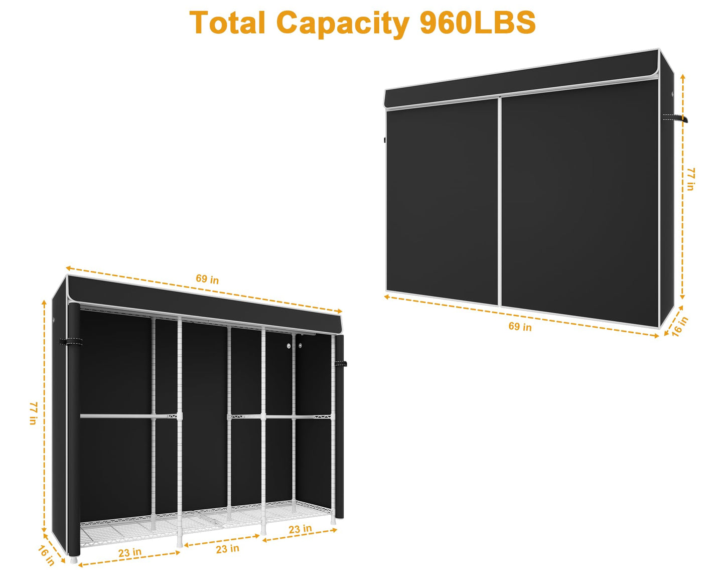 ULIFHOME E14C Pro Heavy Duty Closet Organizer System，Freestanding Clothing Racks for Hanging Clothes，Adjustable Garment Rack 69" W × 16" D × 77" H Hold 960 lbs，White Rack with Black Dustproof Cover