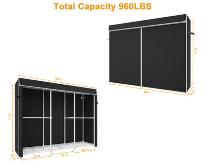 ULIFHOME E14C Pro Heavy Duty Closet Organizer System，Freestanding Clothing Racks for Hanging Clothes，Adjustable Garment Rack 69" W × 16" D × 77" H Hold 960 lbs，White Rack with Black Dustproof Cover
