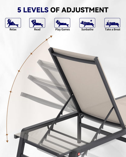 FHVIT Aluminum Chaise Lounge Chair Outdoor, Foldable Patio Lounge Chair Assemble-Free, Pool Lounge Chairs with 5 Adjustable Backrest, Outdoor Lounge Chairs for Outside Poolside Beach Lawn Beige
