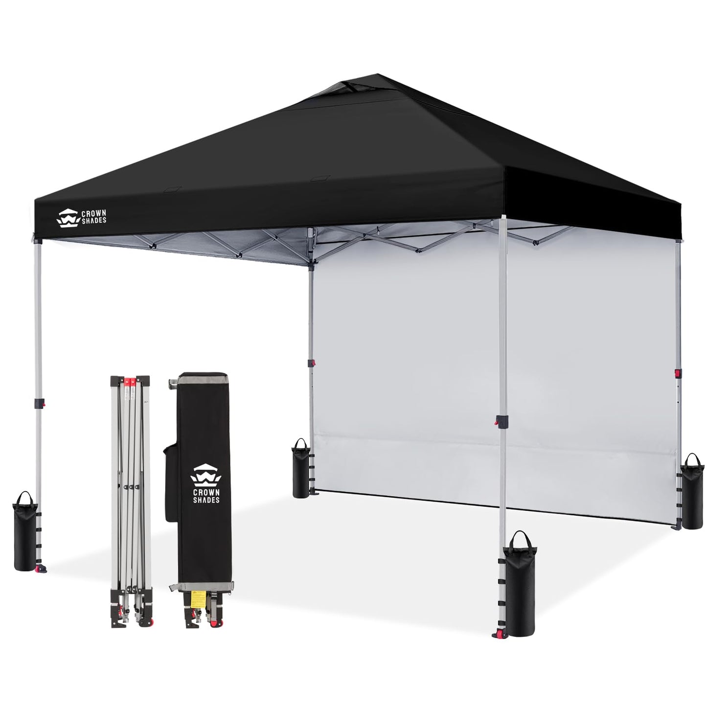 CROWN SHADES Pop Up Canopy with 1 Side Wall - Beach Tent with One Push Setup - Outdoor Sun Shade for Events, Parties, Camping - Gazebo with STO-N-Go Cover Bag, Black, 12x12FT