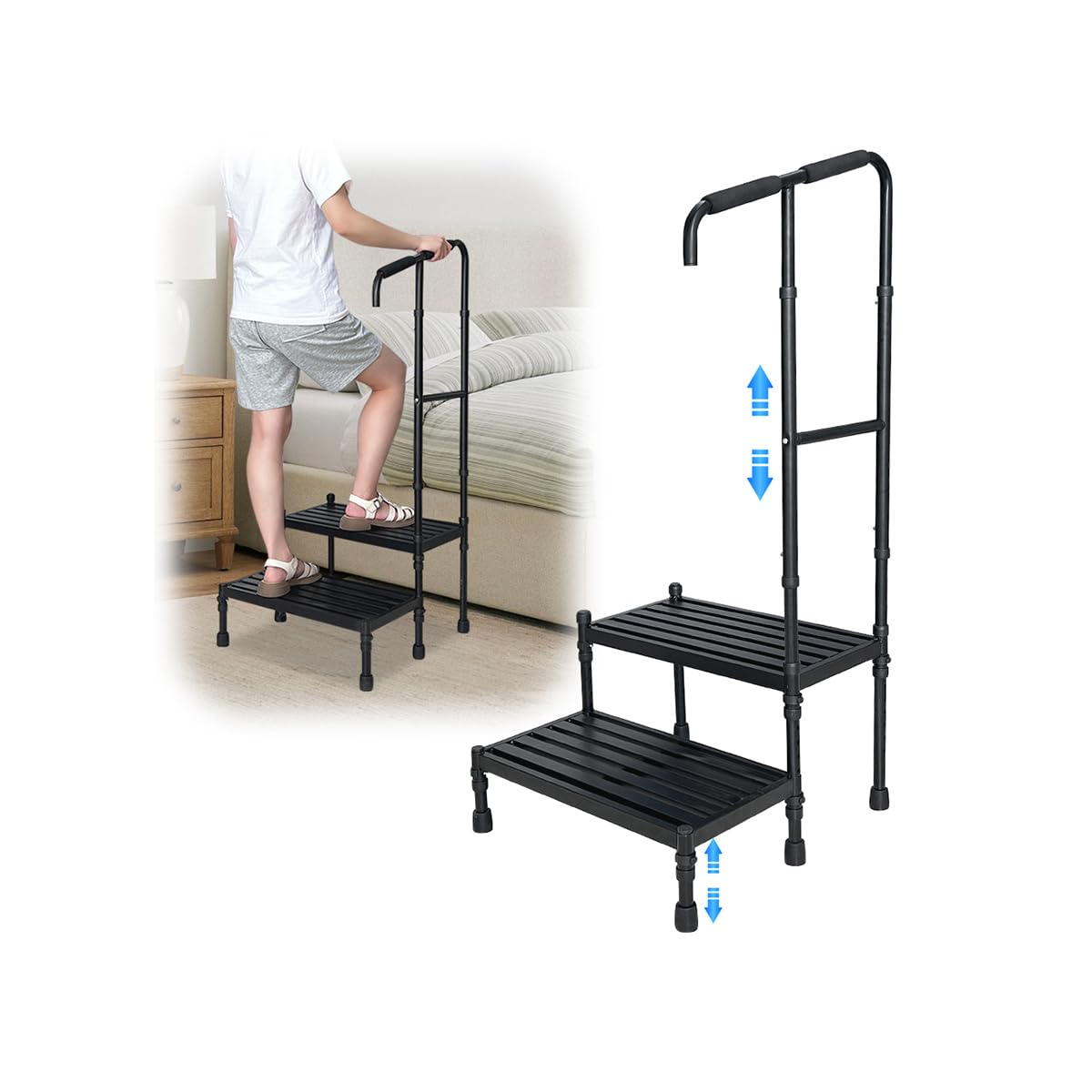 2 Step Stool with Handle for Elderly Seniors, Medical Safety Bedside Steps for High Beds Adults, Car RV Steps Platform with Handrail Heavy Duty Adjustable, Handicap Metal Stepping Stool Non Slip