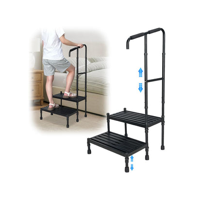 2 Step Stool with Handle for Elderly Seniors, Medical Safety Bedside Steps for High Beds Adults, Car RV Steps Platform with Handrail Heavy Duty Adjustable, Handicap Metal Stepping Stool Non Slip