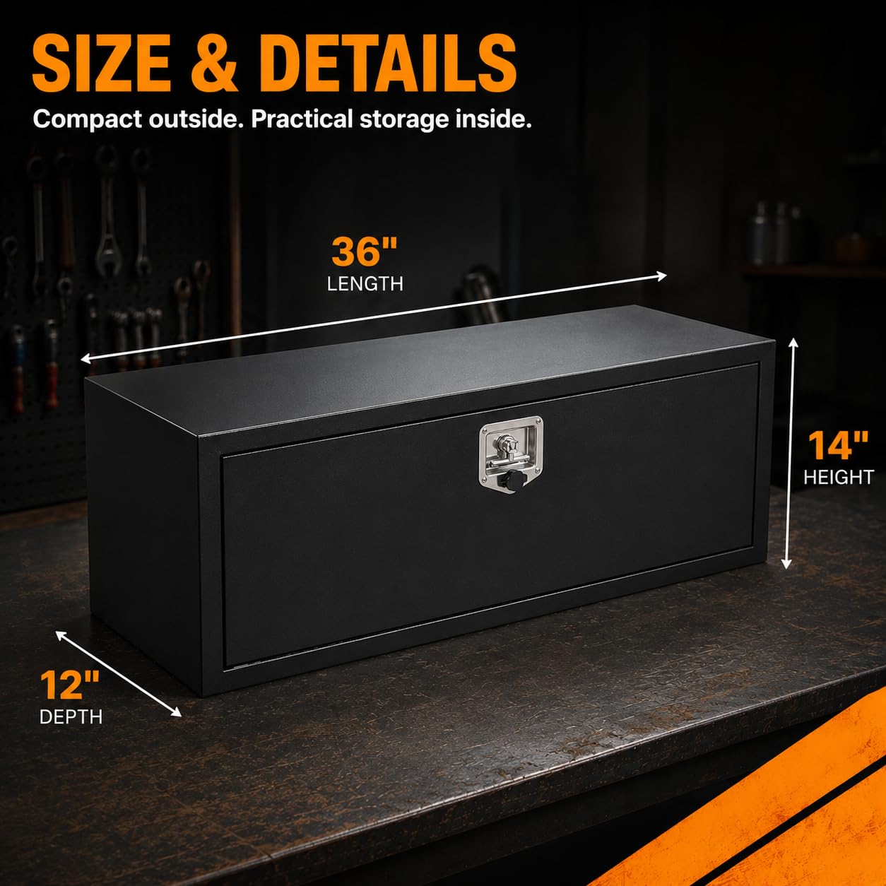 YRCHOFQU 36" Steel Underbody Toolbox – Lockable T-Handle, Powder-Coated, Weatherproof Storage for Workshop, Garage, Utility Rooms