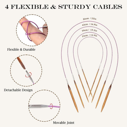 Yarniss Bamboo Circular Knitting Needle with Case,13 Pair Interchangeable Knitting Needles with Flexible Cables 3.5mm~10.0mm, 4-Inch Round Knitting Needle US Size 2.5~15