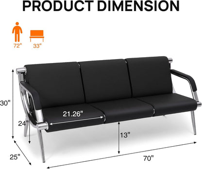 wonline 3 Seat Waiting Room Chair with Armrest PU Leather Office Furniture, Office Guest Seating Lobby Conference Reception Chairs for Airport Clinic Hospital Bank Salon Barber(Black)