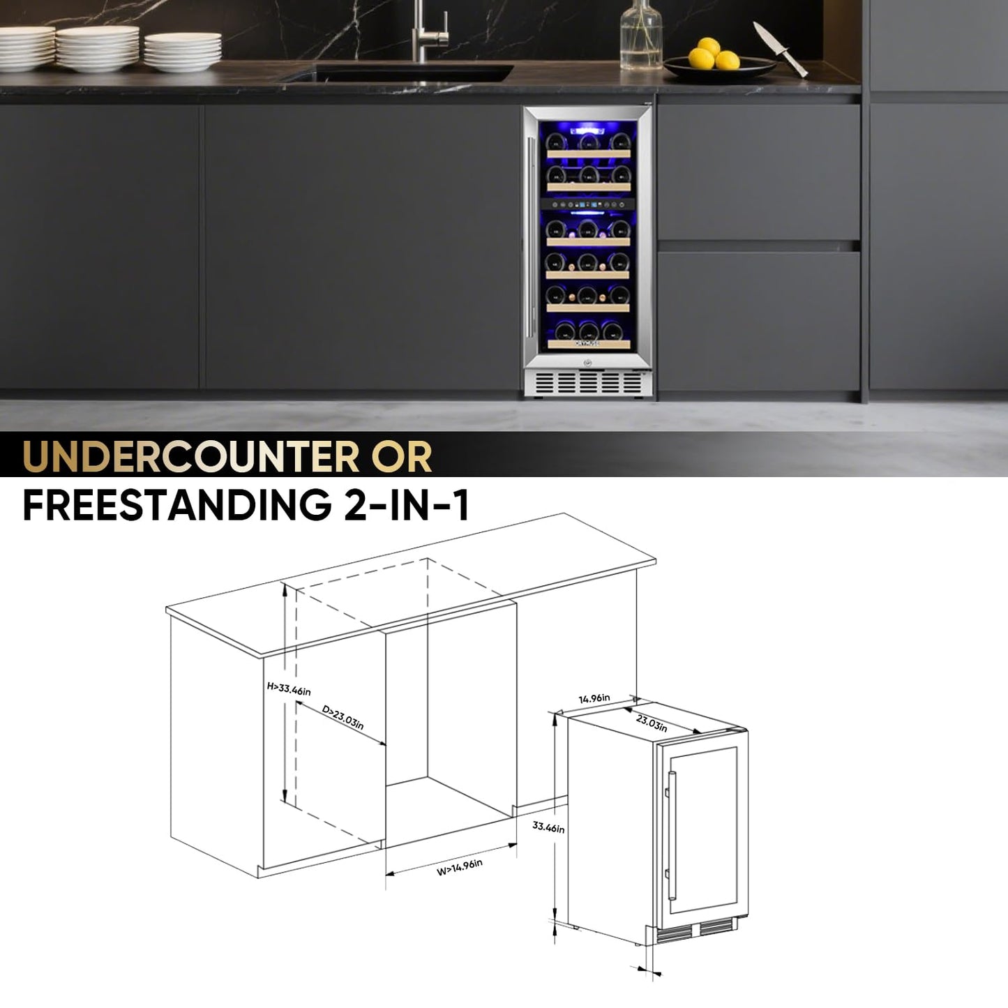 15 Inch Wine Cooler Under Counter, 30 Bottle Dual Zone Wine Fridge with Stainless Steel Glass Door, Built-In or Freestanding Wine Cellar with Digital Temperature Control for Home, Kitchen, or Office
