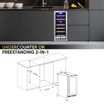15 Inch Wine Cooler Under Counter, 30 Bottle Dual Zone Wine Fridge with Stainless Steel Glass Door, Built-In or Freestanding Wine Cellar with Digital Temperature Control for Home, Kitchen, or Office