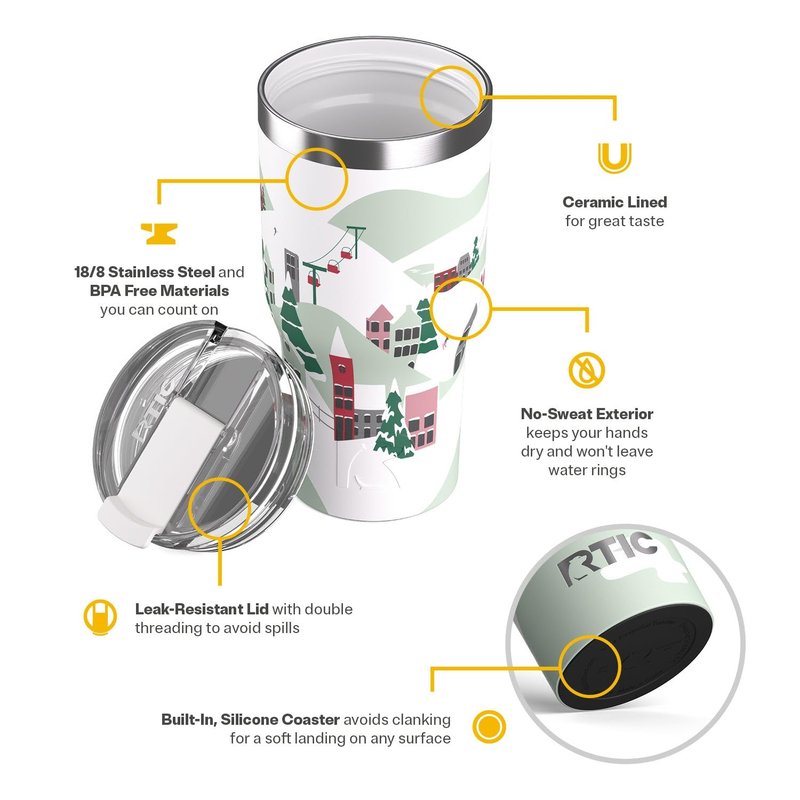 RTIC 30oz Essential Tumbler with Lid, Ceramic Lined, Insulated, Stainless Steel, Metal, Double Wall Vacuum-Insulation, Travel Cup for Iced Coffee, Tea, Hot and Cold Drink, Apres Ski