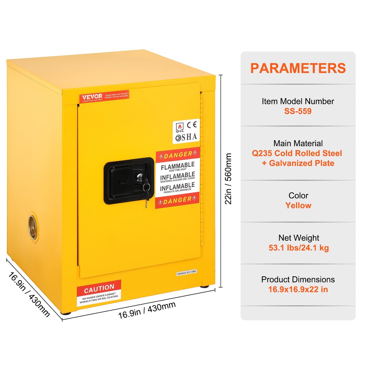 VEVOR Safety 12 Gal, Cold-Rolled Steel Flammable Liquid Storage Cabinet, 16.9 x 16.9 x 22 in Explosion Proof with 1 Adjustable Shelf 1 Door for Commercial Industrial Use, Yellow, SS-559