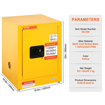 VEVOR Safety 12 Gal, Cold-Rolled Steel Flammable Liquid Storage Cabinet, 16.9 x 16.9 x 22 in Explosion Proof with 1 Adjustable Shelf 1 Door for Commercial Industrial Use, Yellow, SS-559