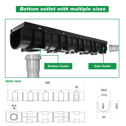Amylove 3 Set Black Driveway Channel Drain with Stainless Steel Grate and Plastic End Caps 39.4 x 5.9 x 5.1 Inches, Outdoor Garage Floor Drainage Trench Systems for Lawn Landscaped Garden Pool
