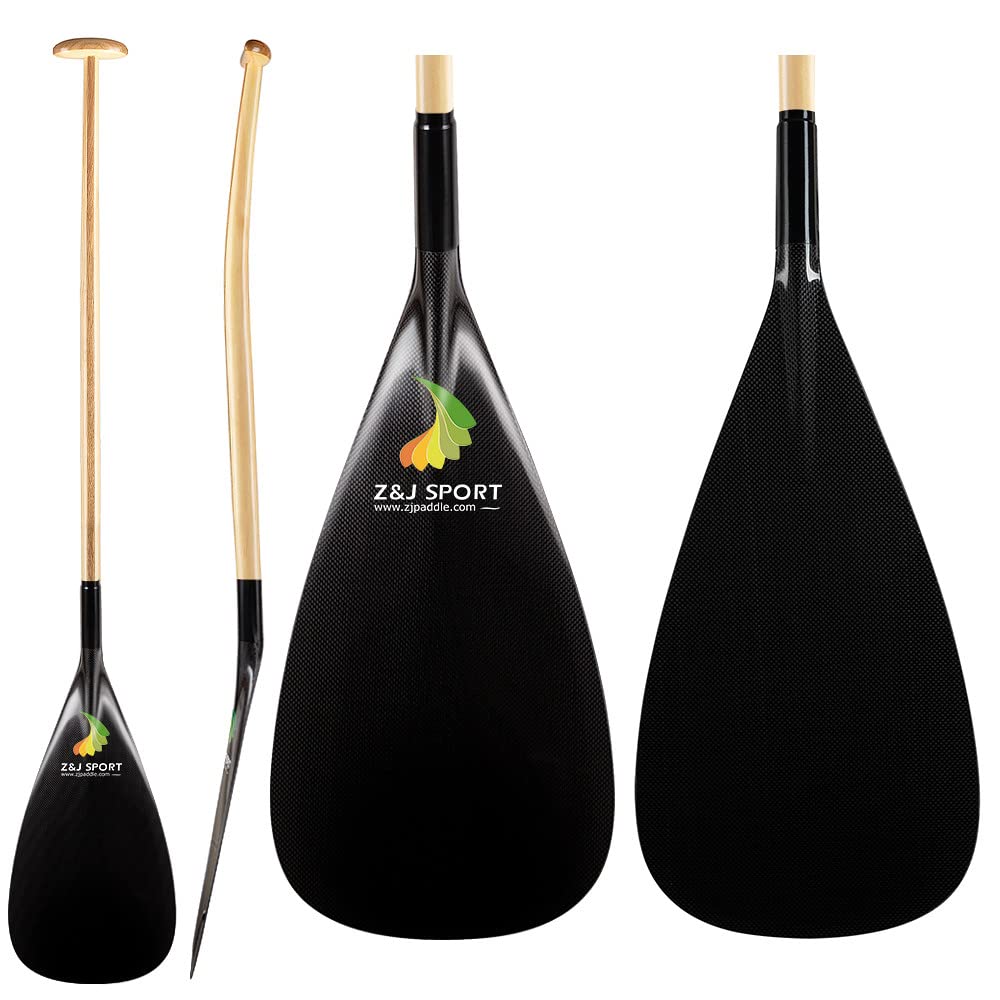 Z&J SPORT Hybrid Outrigger Paddle, Teardrop Shape Carbon Blade Wooden Bent Shaft for Waka AMA, va’a (S,52")