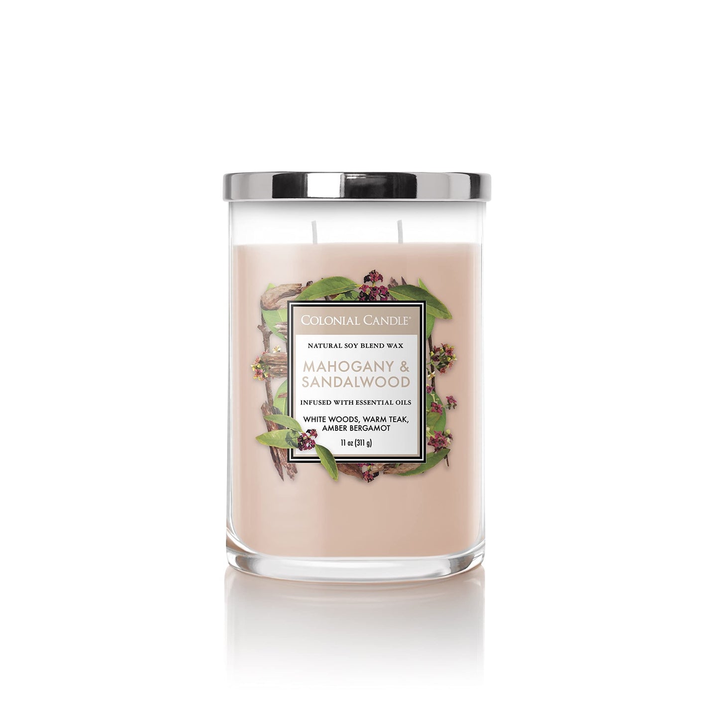 Colonial Candle Mahogany & Sandalwood Scented Jar Candle, Classic Cylinders Collection, 2 Wick, Brown, 11 oz - Up to 80 Hours Burn