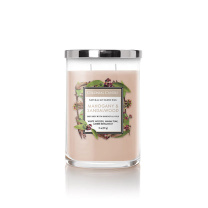 Colonial Candle Mahogany & Sandalwood Scented Jar Candle, Classic Cylinders Collection, 2 Wick, Brown, 11 oz - Up to 80 Hours Burn