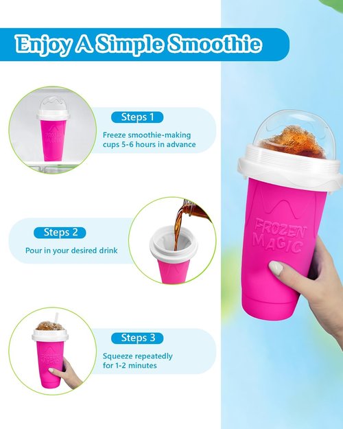 DIY Magic Slushy Maker Cup - Portable Double Layer Silica Slushie Cup with Lid & Straw - Pink